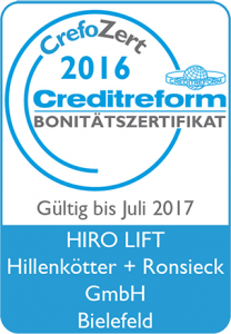 Bonitätszertifikat CrefoZert der Creditreform für HIRO LIFT